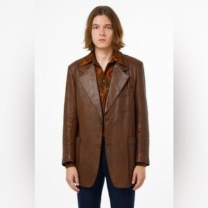 vintage 70s BROWN LEATHER JACKET BLAZER two button pockets retro tall long 50XL